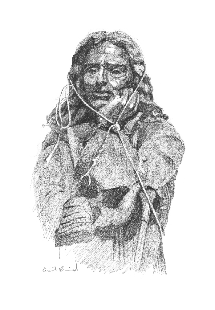 A graphite pencil sketch by artist Gail Reid. It is a close up of the head and upper torso of the statue of Edward Colston, slave trader with a lasso of rope looped around the head and arm, the cord stretching forward out of the frame. The sketch is naturalistic with great variation of tone and shading. The background is white and Gail’s signature is close to the sketch at the bottom left.