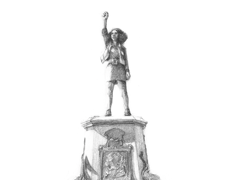 A graphite pencil sketch on a white background by bristol artist Gail Reid. The scene is the aftermath of Colston's statue being pulled down. Central is the ornate stone and bronze plinth on which the statue stood. On it now stands a young black female demonstrator, with shoulder length hair who is looking out with one fist raised in the air. At the bottom of the plinth placards are displayed, leaning in a pile. One depicts a stenciled raised fist, others read ‘Black Lives Matter’ and ‘Silence is violence’, and another lists 20+ names of young black people who died in the custody of UK police. In the background disappearing out of frame, we can see the overturned statue of colston.