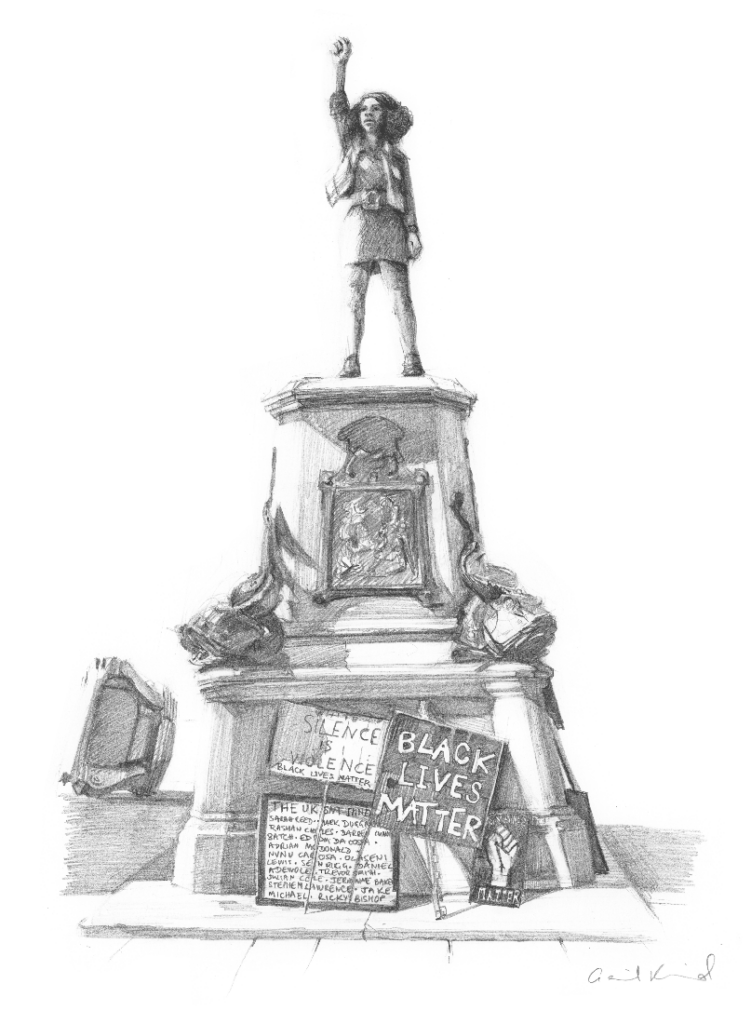 A graphite pencil sketch on a white background by bristol artist Gail Reid. The scene is the aftermath of Colston's statue being pulled down. Central is the ornate stone and bronze plinth on which the statue stood. On it now stands a young black female demonstrator, with shoulder length hair who is looking out with one fist raised in the air. At the bottom of the plinth placards are displayed, leaning in a pile. One depicts a stenciled raised fist, others read ‘Black Lives Matter’ and ‘Silence is violence’, and another lists 20+ names of young black people who died in the custody of UK police. In the background disappearing out of frame, we can see the overturned statue of colston.