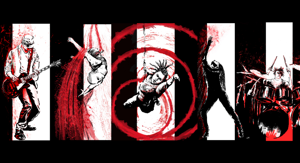 A graphic novel style painting in red and black, of 5 different performers who are (from the left) playing electric guitar, doing aerial silks, doing aerial harness choreography, dancing/reaching for the ceiling, and playing the drums.
