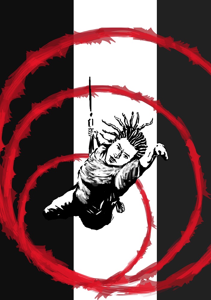 A graphic novel style painting in red and black, of Milton Lopes, a mixed race man, with shoulder length dreadlocks and who doesn't have fingers on his left hand. He is doing aerial harness, in the middle of a red painted spiral, reaching towards the centre of the image with his left hand.