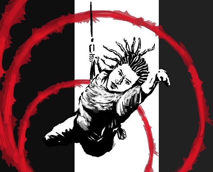 A graphic novel style painting in red and black, of Milton Lopes, a mixed race man, with shoulder length dreadlocks and who doesn't have fingers on his left hand. He is doing aerial harness, in the middle of a red painted spiral, reaching towards the centre of the image with his left hand.